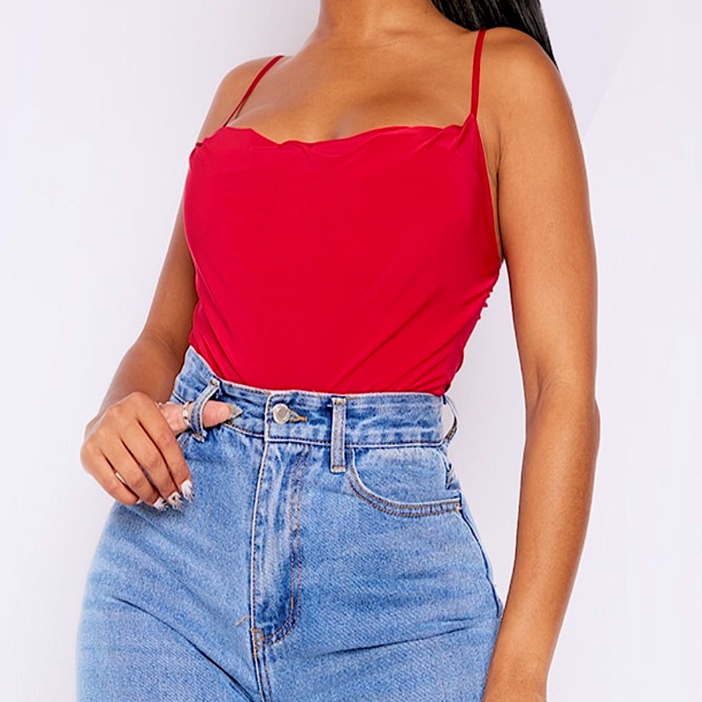 Sexy Red Slinky Cowl Neck Shape Bodysuit